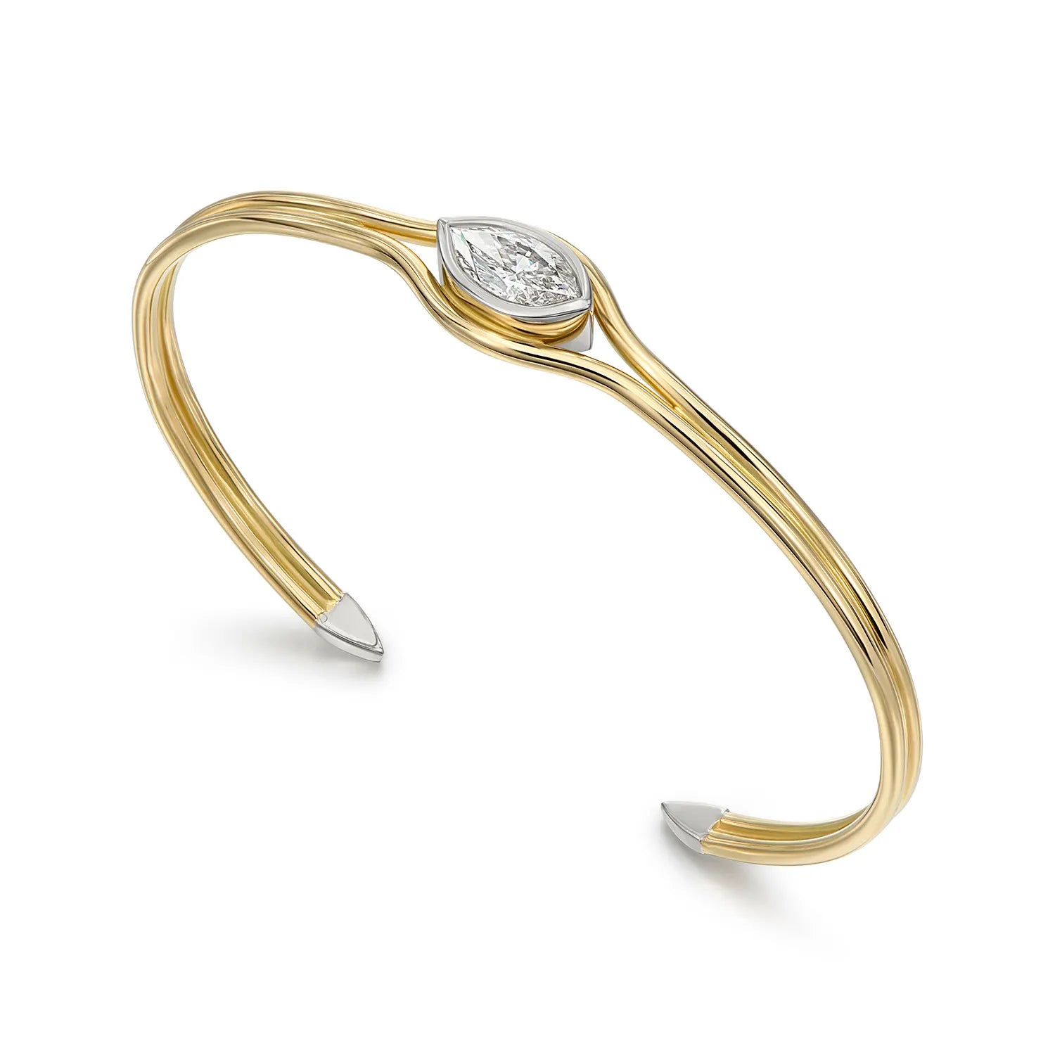 Side view of Atlantis 1ct Marquise Diamond Mermaid Bracelet in 18k yellow gold showing flowing mermaid tail-inspired design with marquise diamond