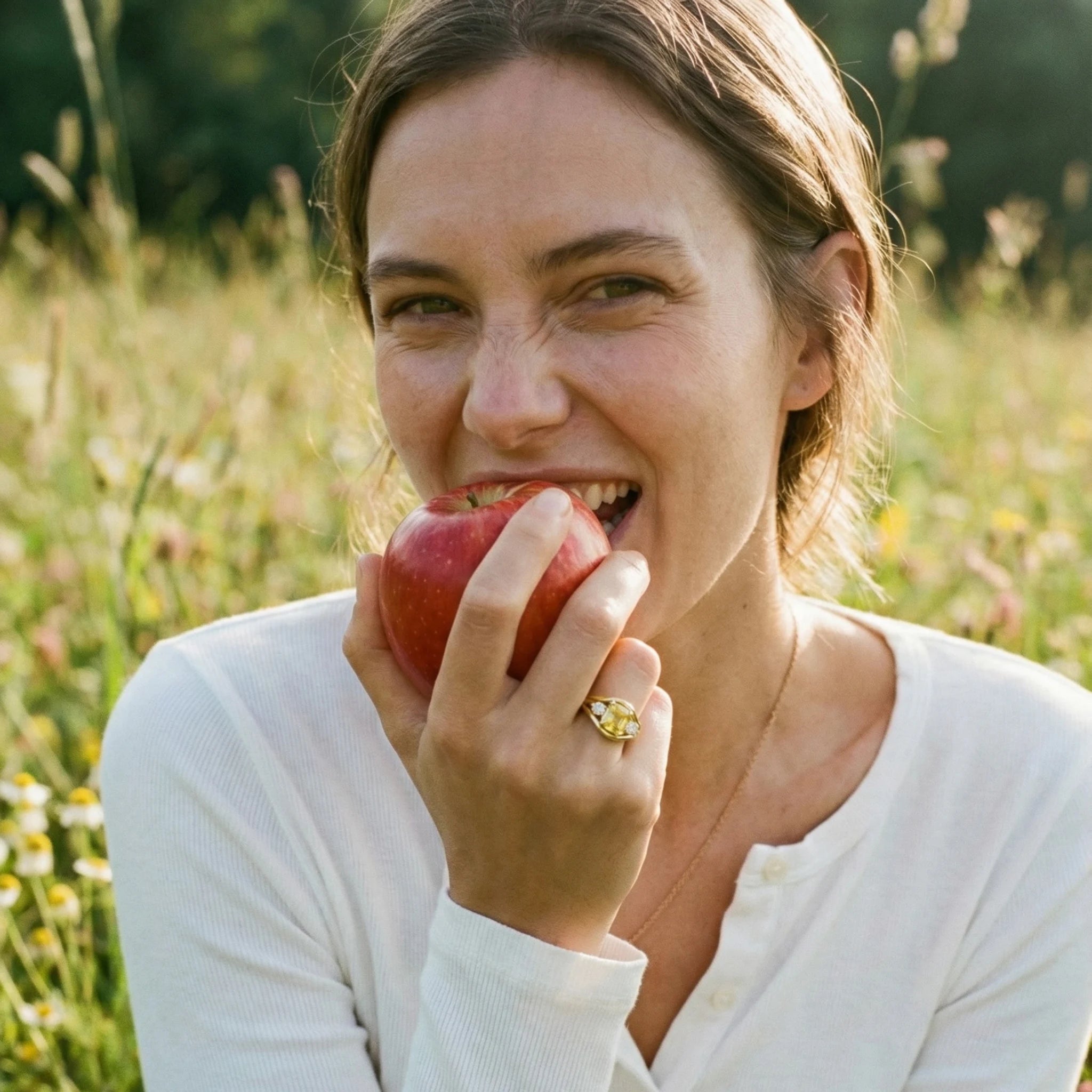 Model wearing Atlantis 2.95ct yellow sapphire mermaid ring in 18k yellow gold with square cushion-cut no-heat yellow sapphire and round white diamonds