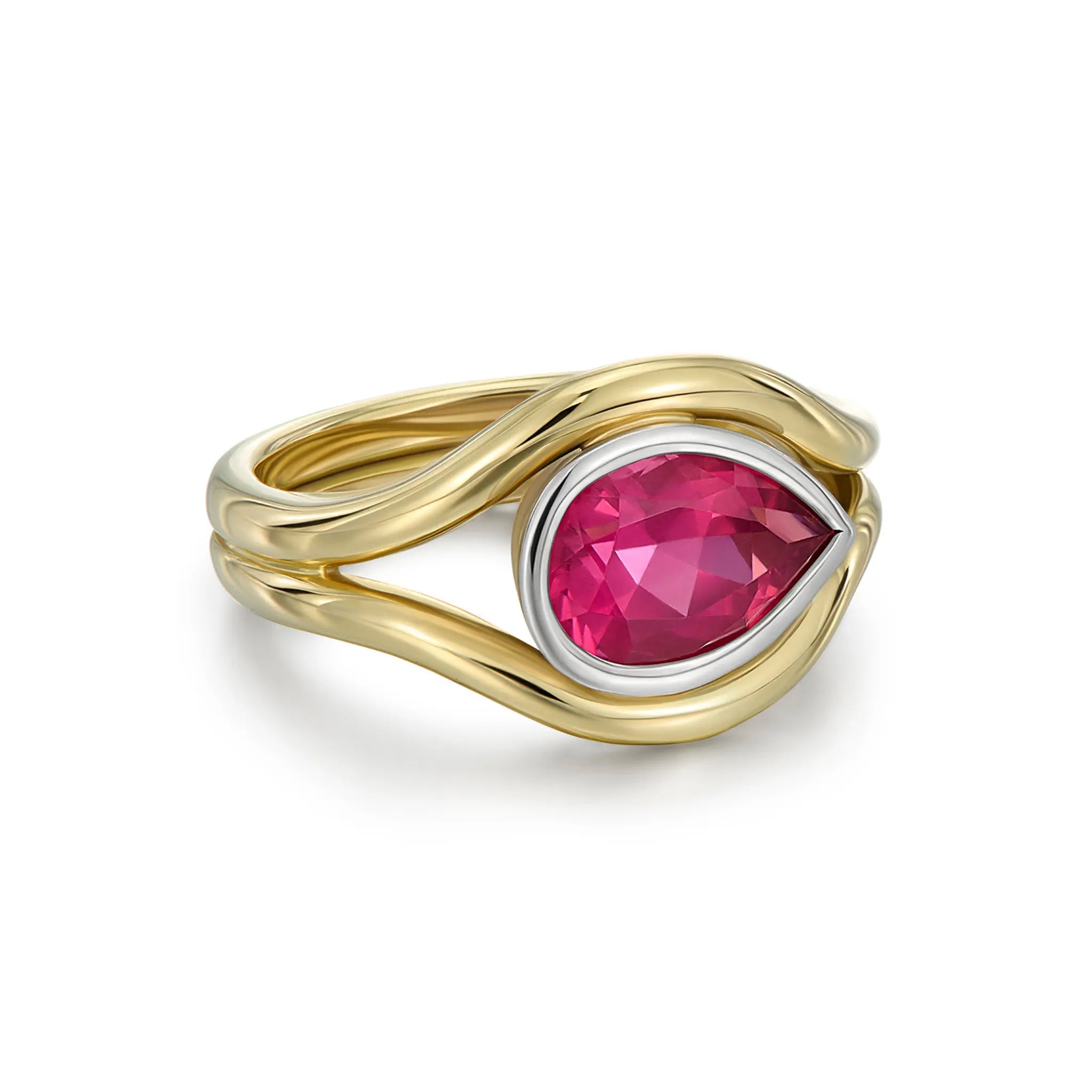 Side view of Atlantis 2ct pink tourmaline mermaid ring, handcrafted in yellow and white gold with flowing mermaid-inspired curves