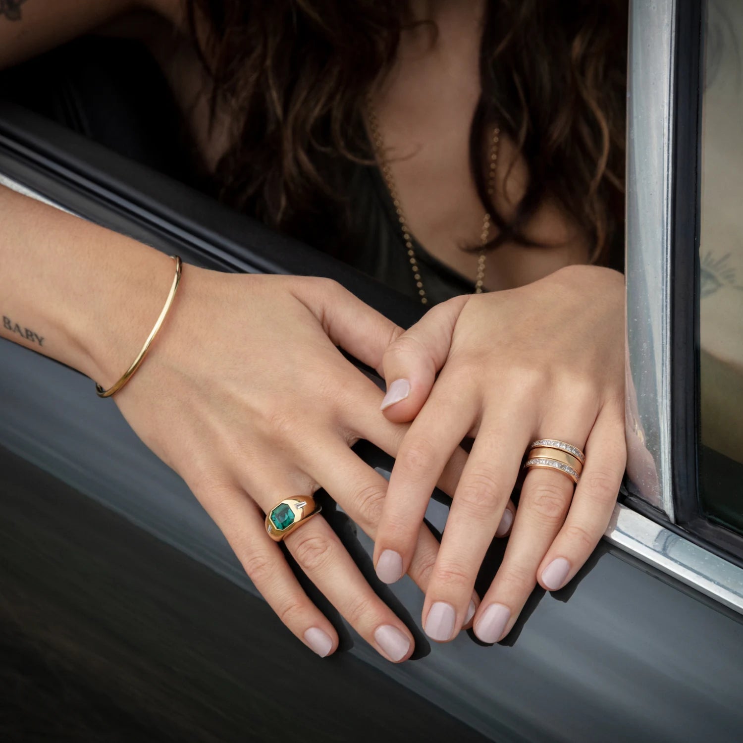 Atlantis 2mm gold mermaid bracelet in solid 18k yellow gold styled with diamond and colored gemstone rings