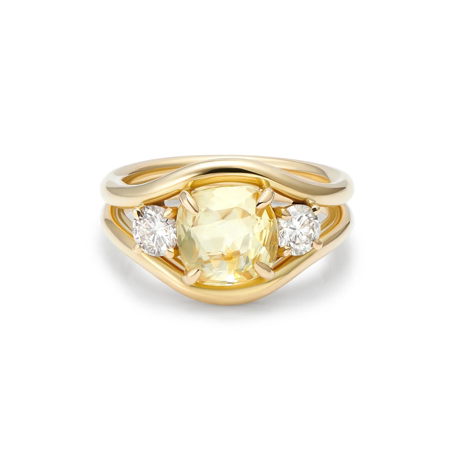 Front view of Atlantis mermaid ring with 3.00ct untreated yellow sapphire and round white diamonds in 18k yellow gold
