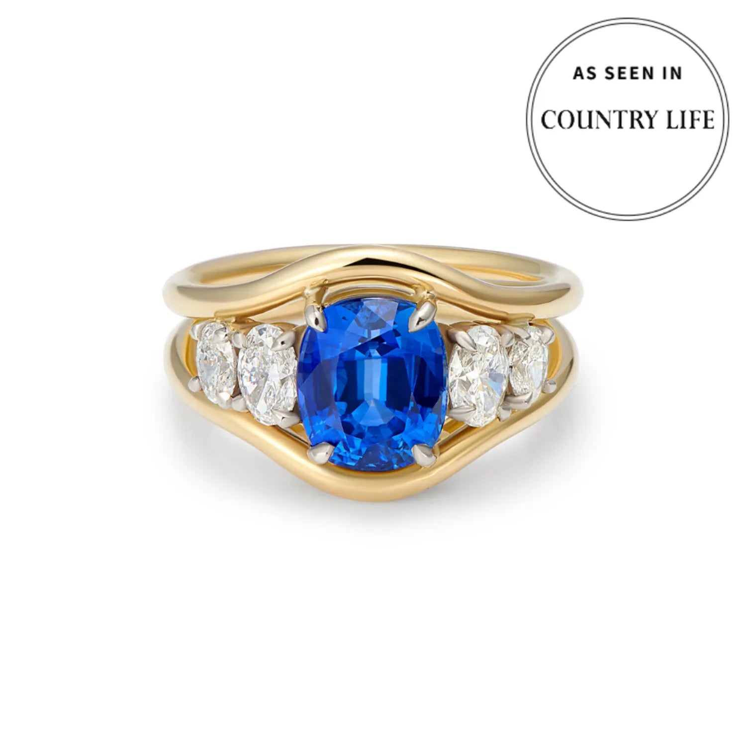 Atlantis 3.04ct sapphire and diamond mermaid ring in 18k yellow gold featuring GIA-certified royal blue sapphire and oval-cut white diamonds featured in country life