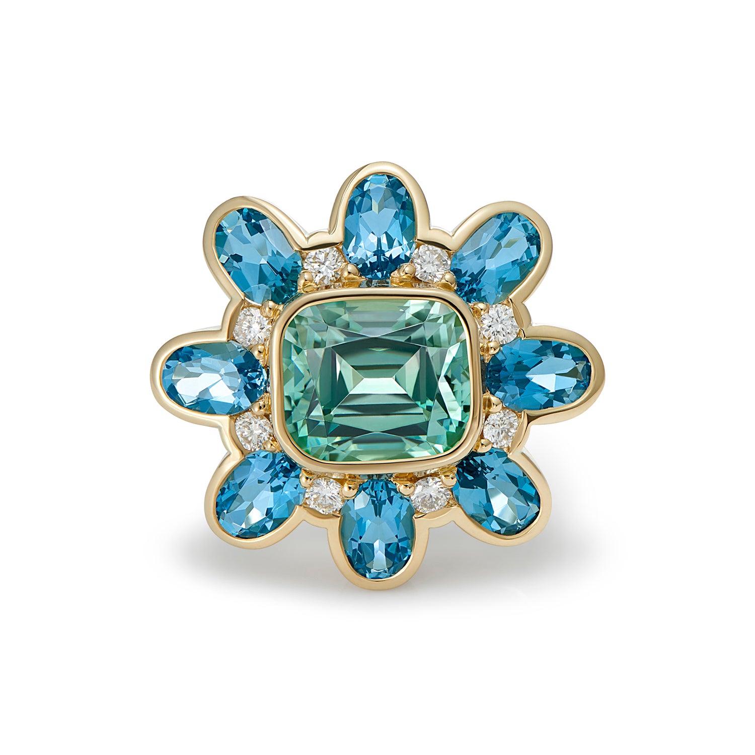 Atlantis collection ring in 18k yellow gold featuring a 5.30ct ocean green Tourmaline, 3.39ct Santa Maria Aquamarine, and 0.32ct diamonds