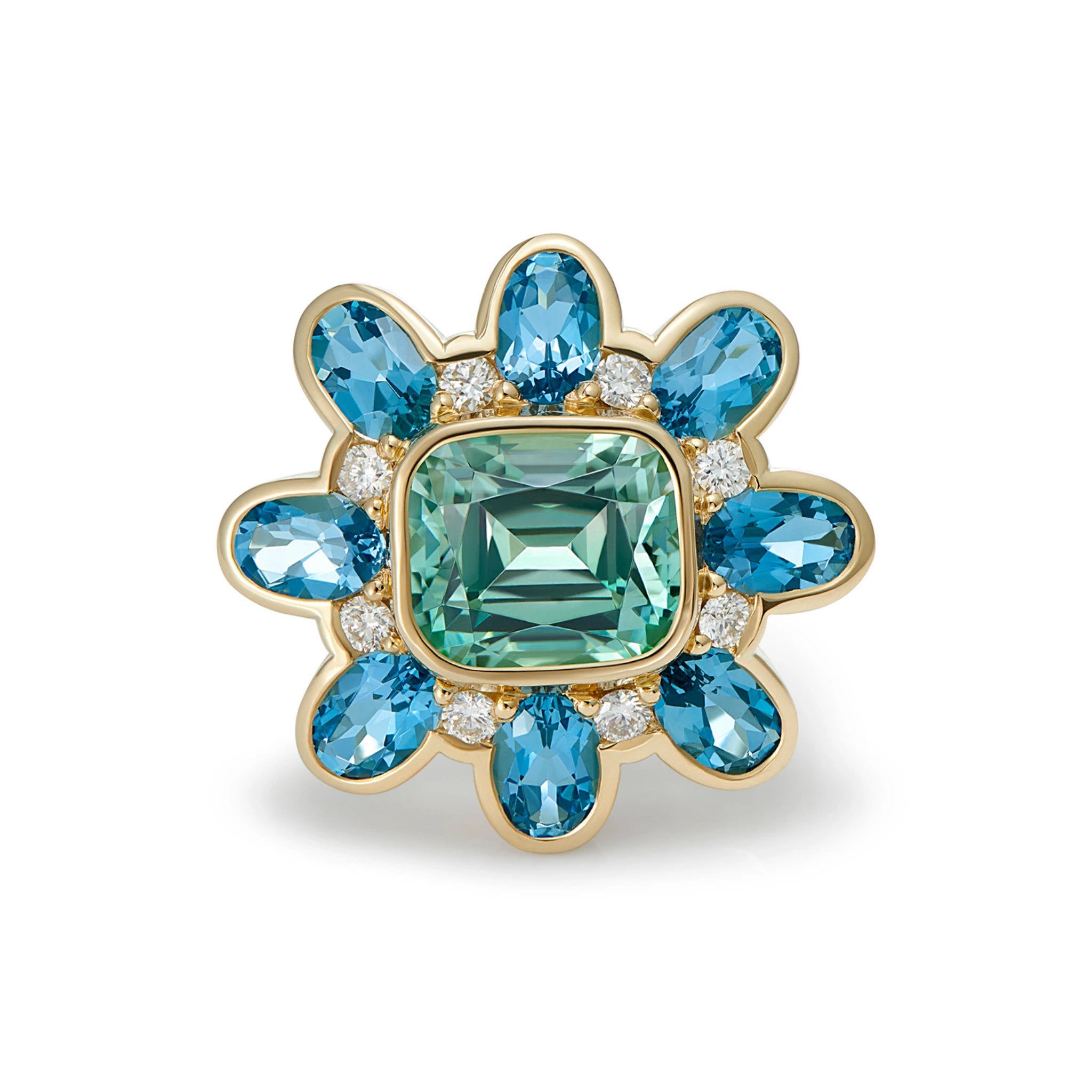 Front view of Atlantis Tourmaline, Aquamarine, and Diamond ring, handcrafted in 18k yellow gold, featuring 5.30ct ocean green tourmaline, 3.39ct Santa Maria aquamarines, and 0.32ct diamonds, ocean-inspired design