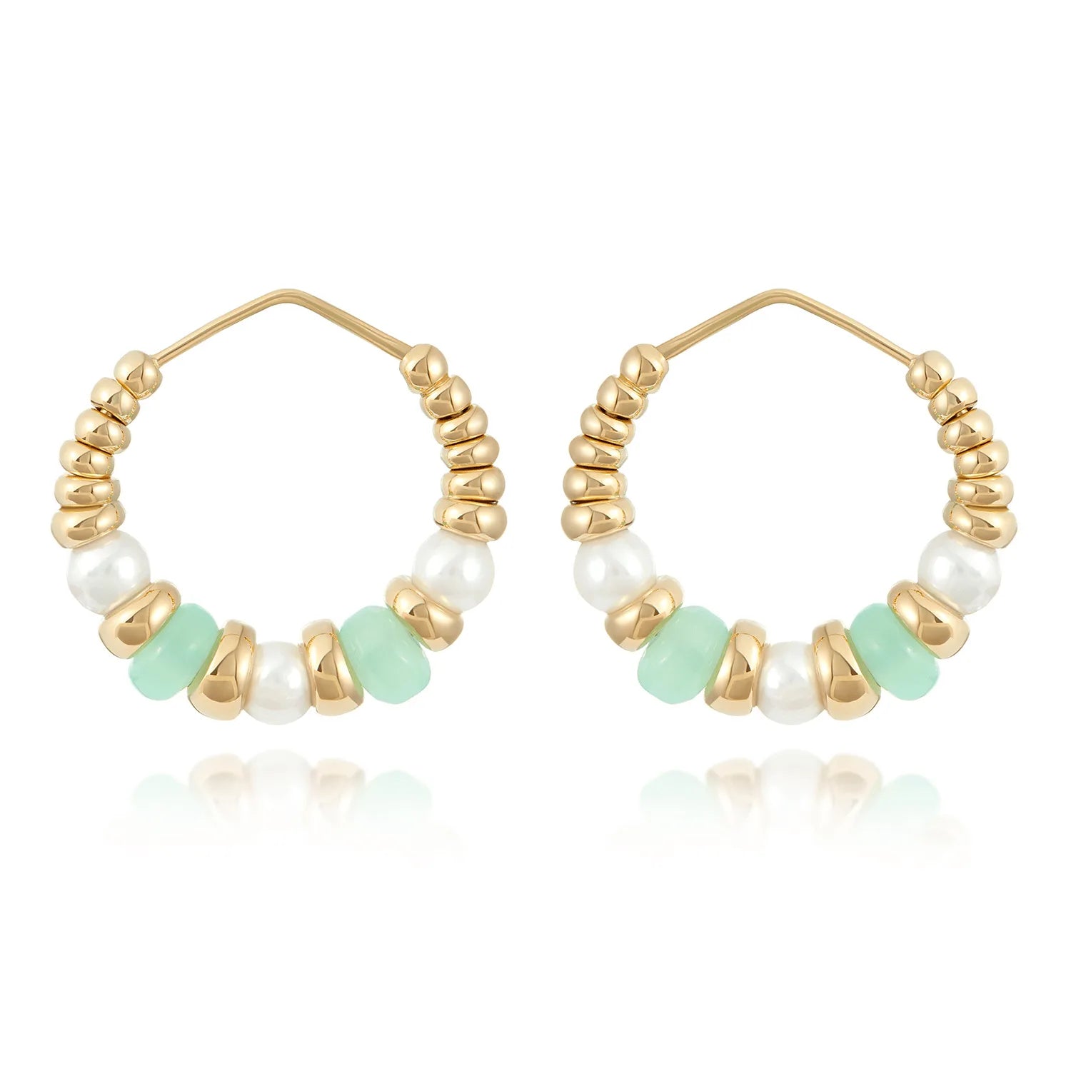 Front view of Atlantis chrysoprase and pearl hoop earrings in 18k yellow gold with green chrysoprase beads and white freshwater pearls