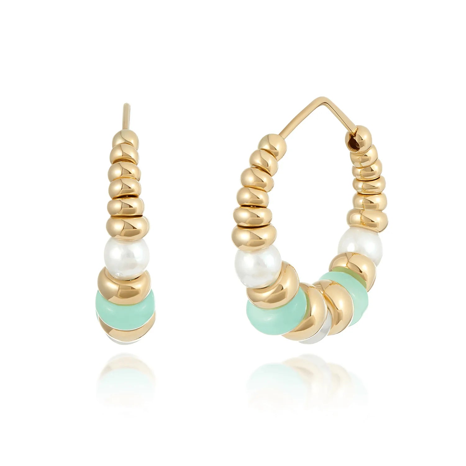 Side view of Atlantis chrysoprase and pearl hoop earrings in 18k yellow gold showing 30mm hoop design with chrysoprase beads and pearls