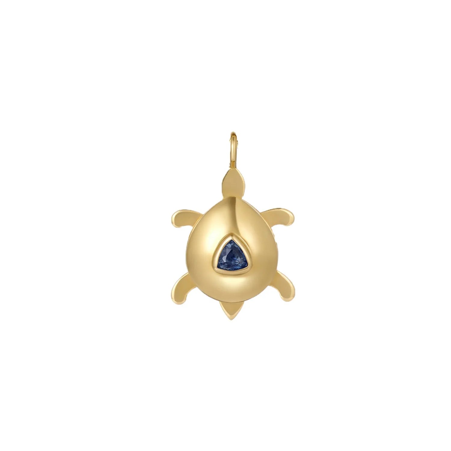 Front view of Atlantis dancing turtle charm in 18k yellow gold with vibrant trillion-cut sapphire
