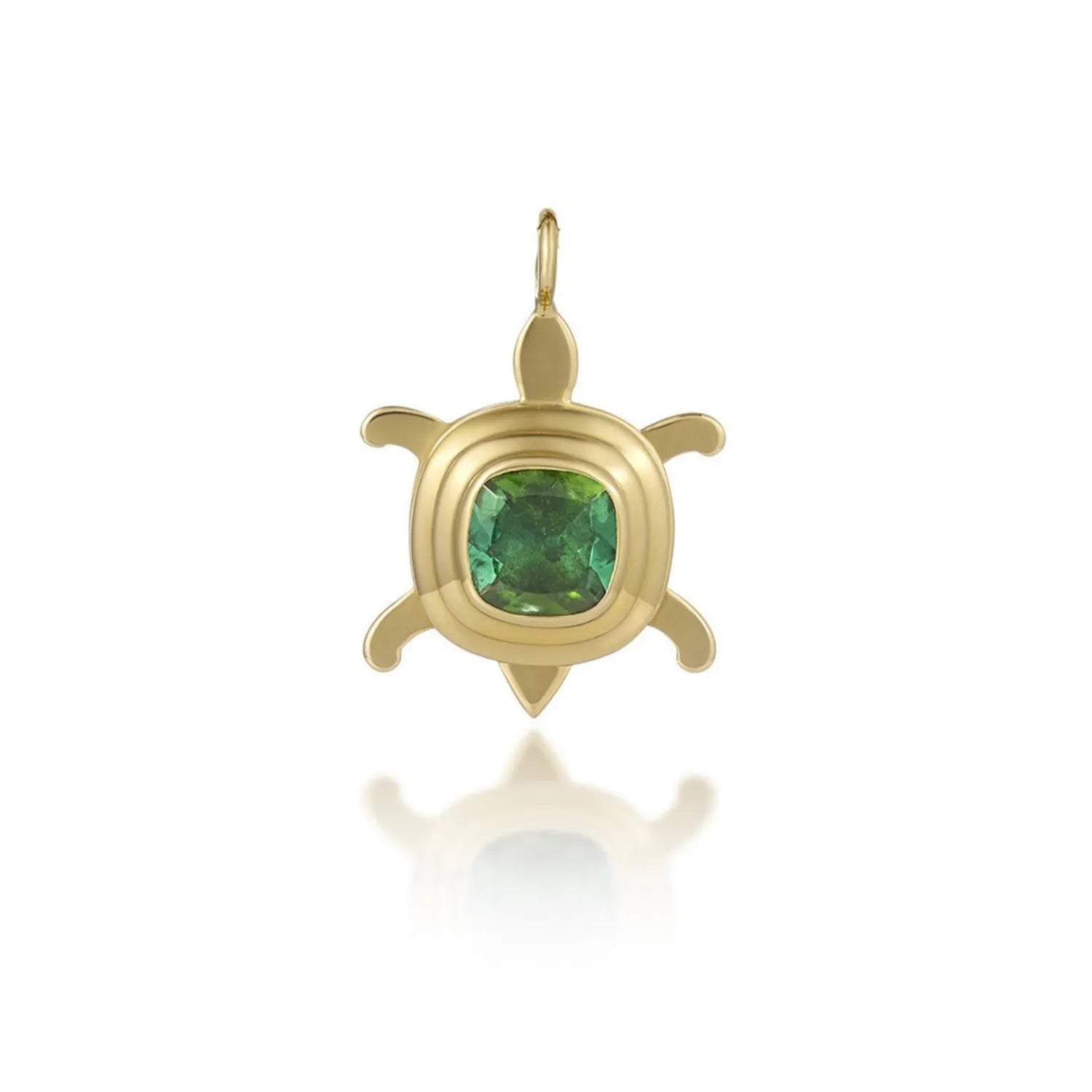 Front view of Atlantis dancing turtle charm in solid 18k yellow gold with vibrant tourmaline gemstone
