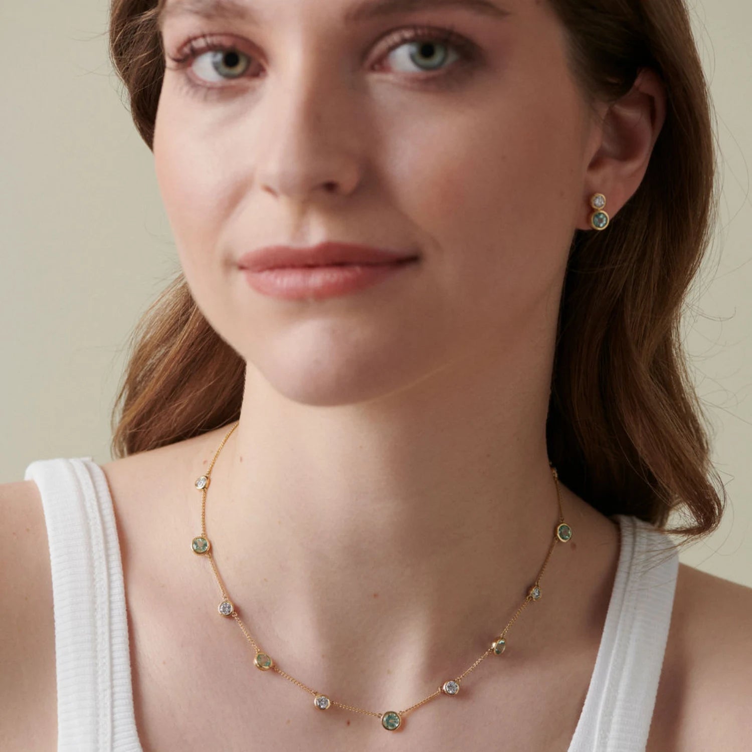 Model wearing Minka Jewels Atlantis Diamond and Tourmaline Necklace styled with matching tourmaline earrings