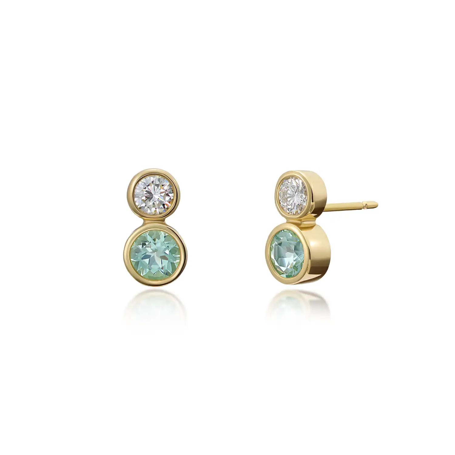 Side view of Atlantis Diamond and Tourmaline Stud Earrings in 18k yellow gold showing stud setting with diamonds and sea green tourmaline