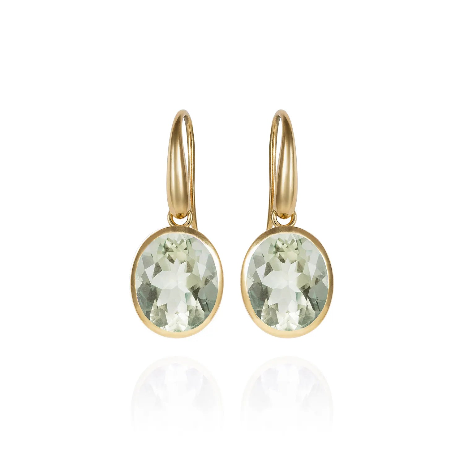 Green amethyst drop earrings in 18k yellow gold featuring 12 x 10mm green amethyst gemstones