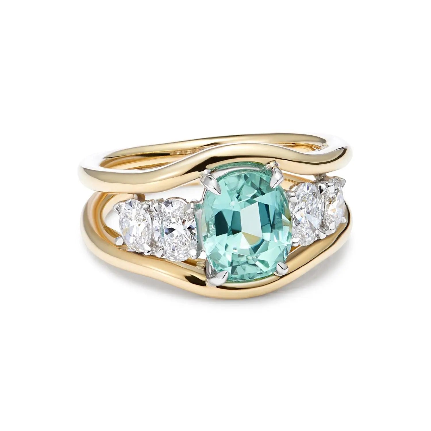 Atlantis green tourmaline and diamond ring in 18k yellow gold featuring one-of-a-kind green tourmaline with four oval-cut white diamonds