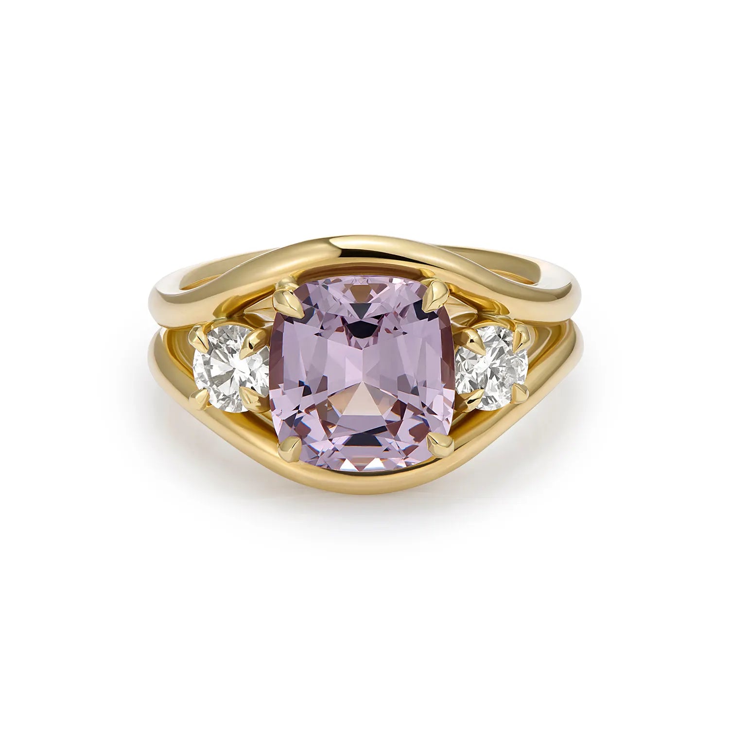Atlantis 3.62ct Lilac Spinel and Diamond Ring in solid 18k yellow gold featuring 3.62ct lilac spinel and round diamonds on curved mermaid band