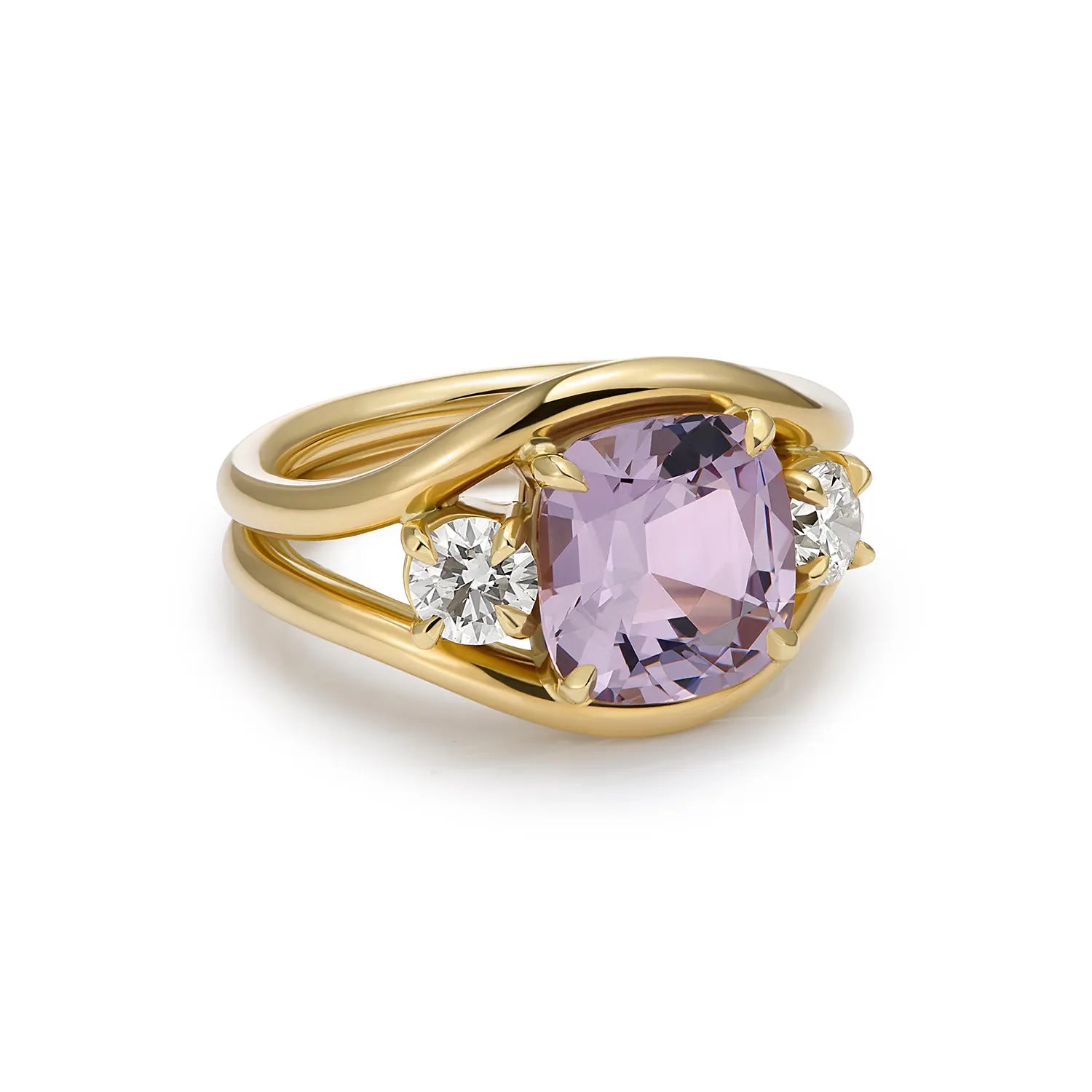 Side view of Atlantis 3.62ct Lilac Spinel and Diamond Ring in solid 18k yellow gold showing mermaid-inspired curved band with spinel and diamonds