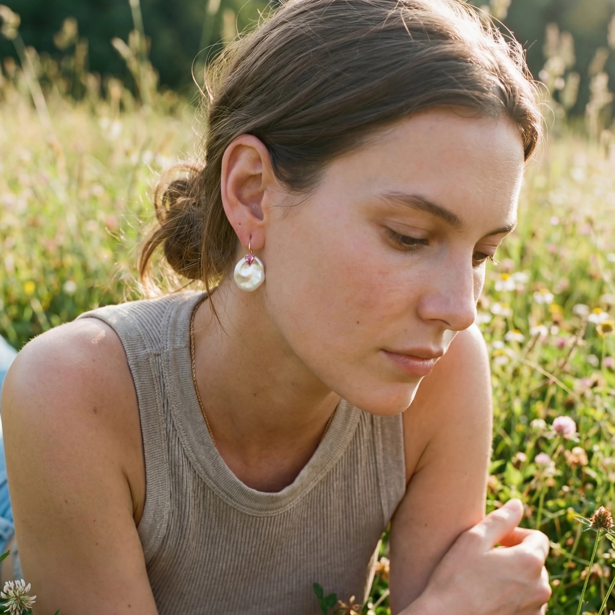 Model wearing Atlantis 18k yellow gold earrings with pink pear-shaped sapphires and unique white Keshi pearls