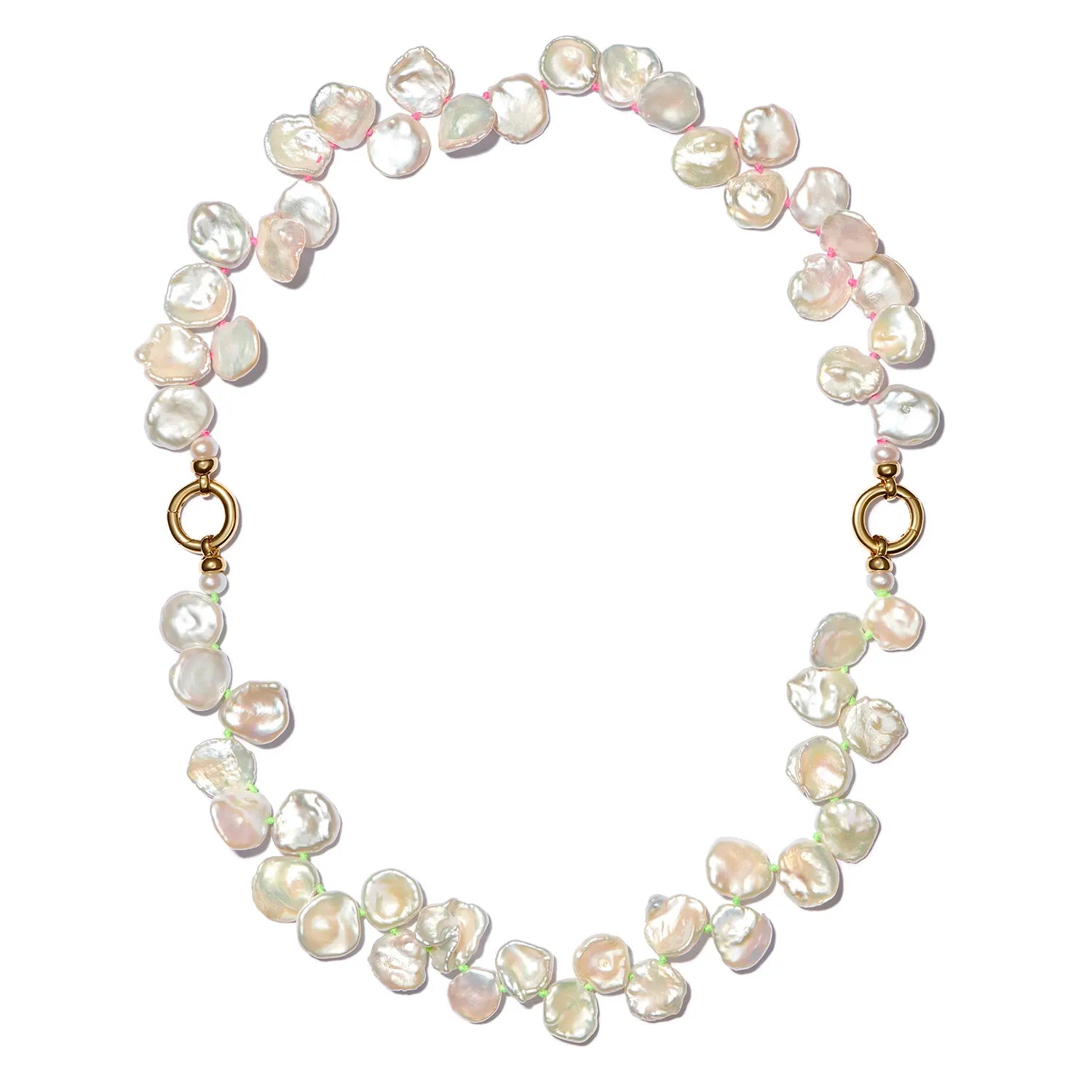 Atlantis collection necklace in 18k yellow gold featuring white Keshi pearls strung on colorful thread