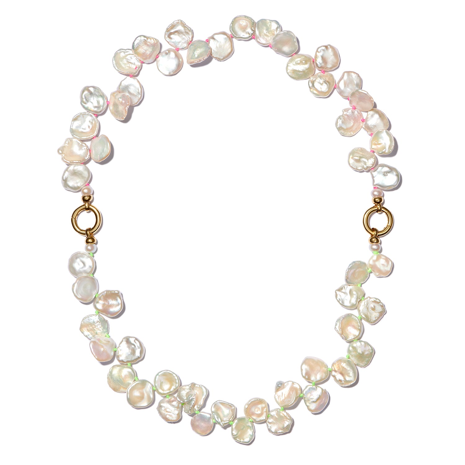Atlantis collection necklace in 18k yellow gold featuring white Keshi pearls strung on colorful thread