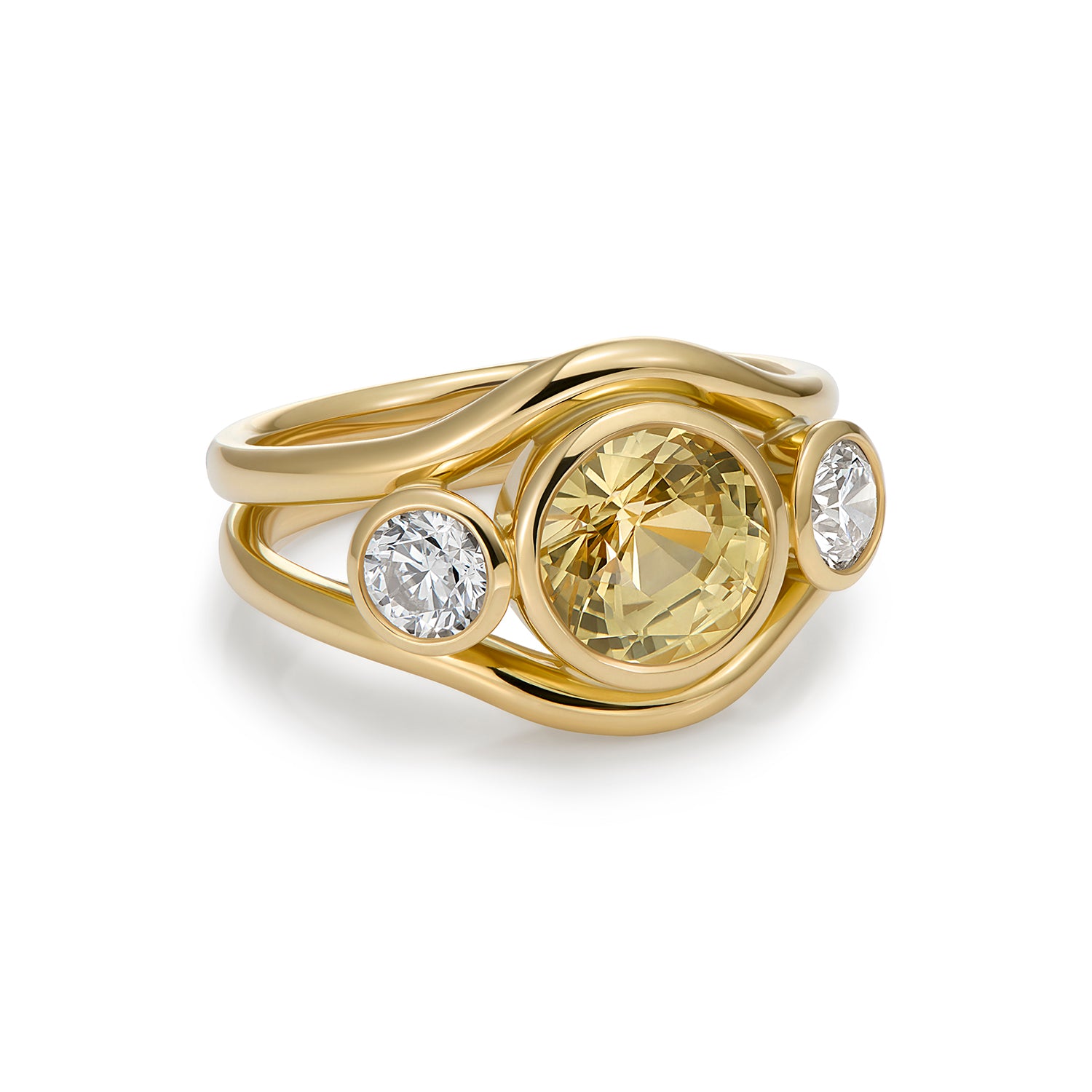Side view of Atlantis yellow sapphire ring in 18k gold with round-cut white diamonds