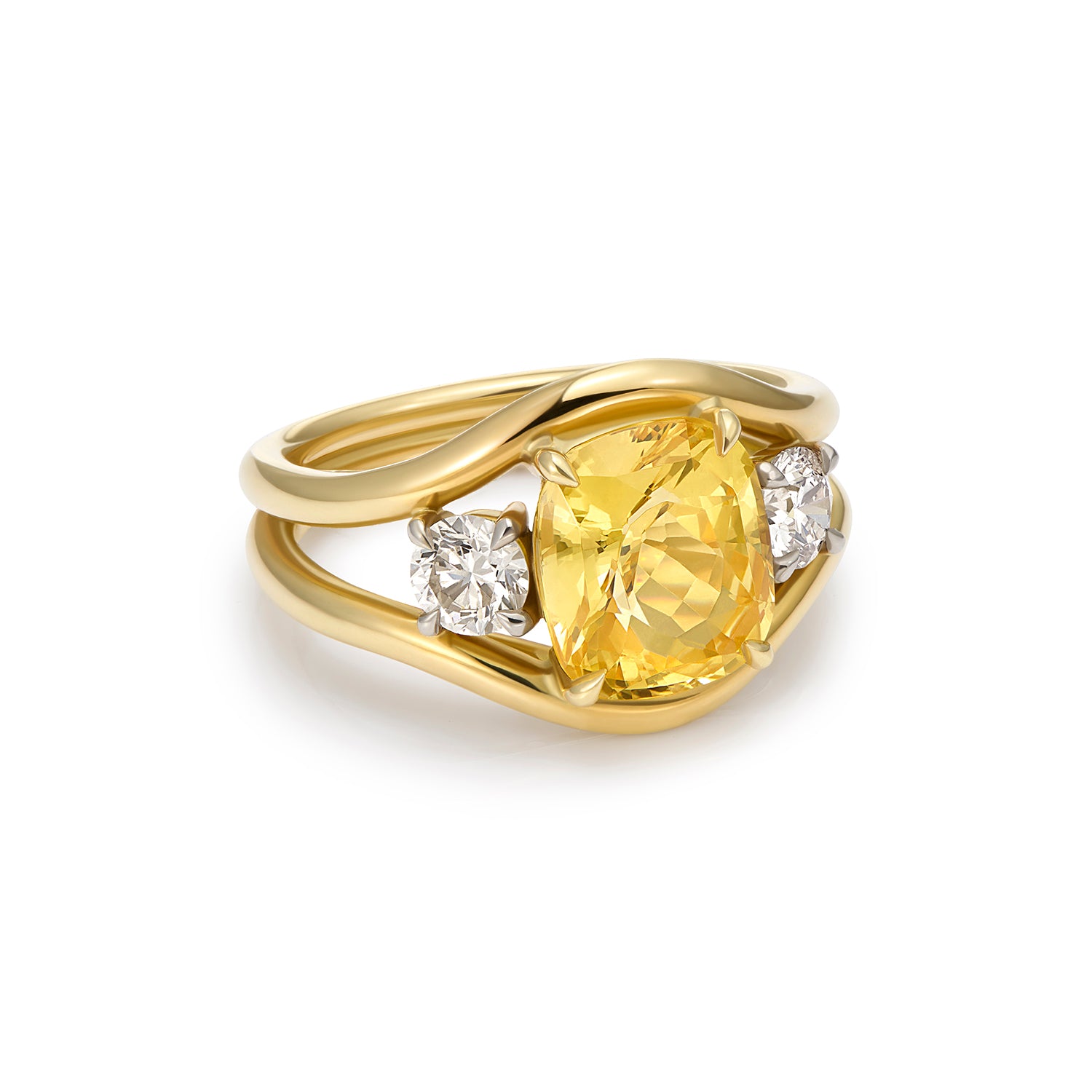 Side view of 18k yellow gold Mermaid collection ring set with 3.93ct untreated yellow sapphire and 0.60ct diamonds