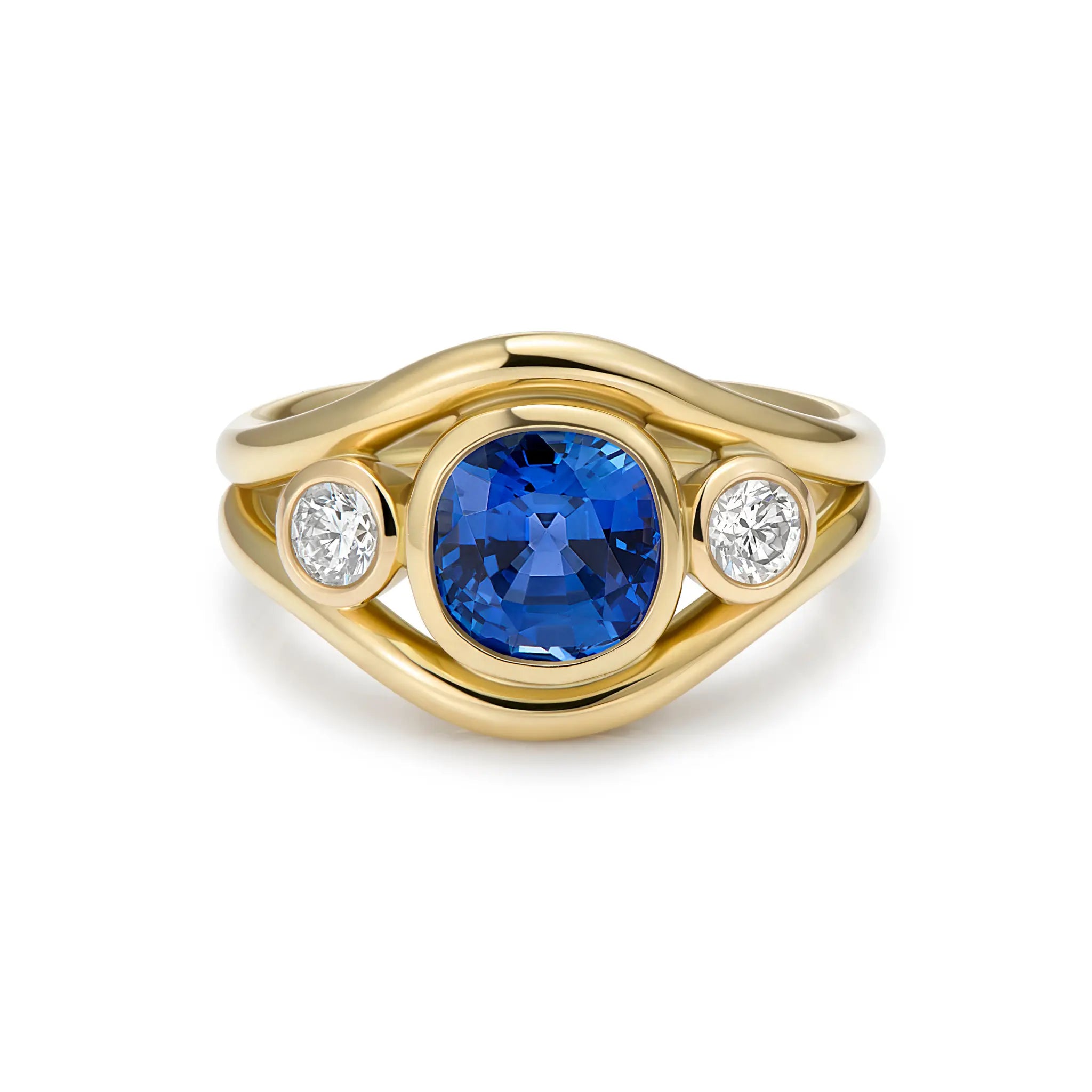 18k yellow gold ring with 2.35ct cornflower blue sapphire and 0.50ct diamonds by Minka Jewels

