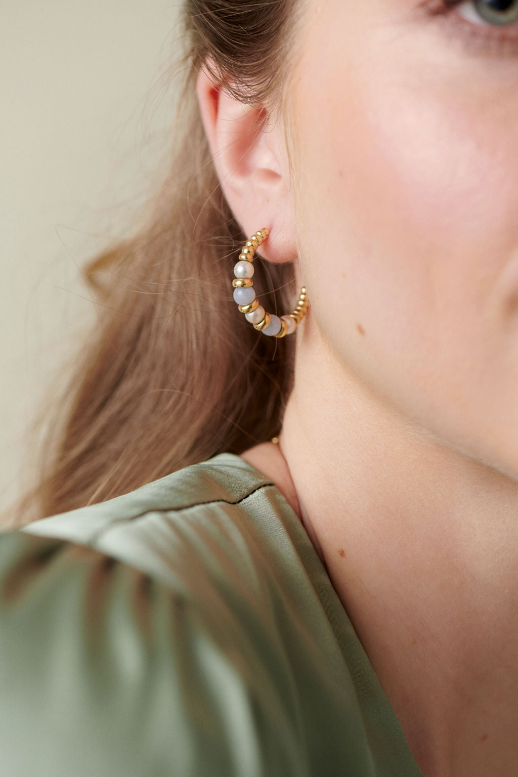 18k yellow gold Atlantis chalcedony and pearl hoop earrings worn by Minka Jewels model