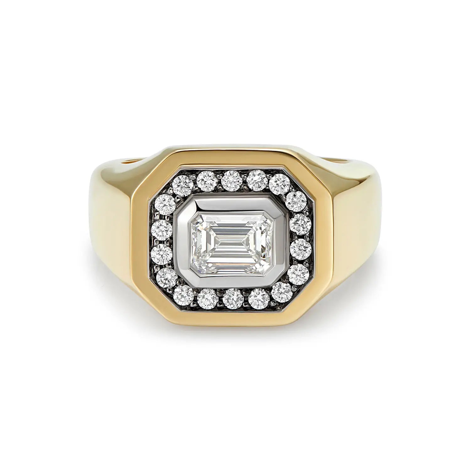 Berlin Nights White Diamond Ring in 18k yellow gold with 0.90ct emerald-cut diamond, 0.51ct halo diamonds, and geometric Bauhaus-inspired design