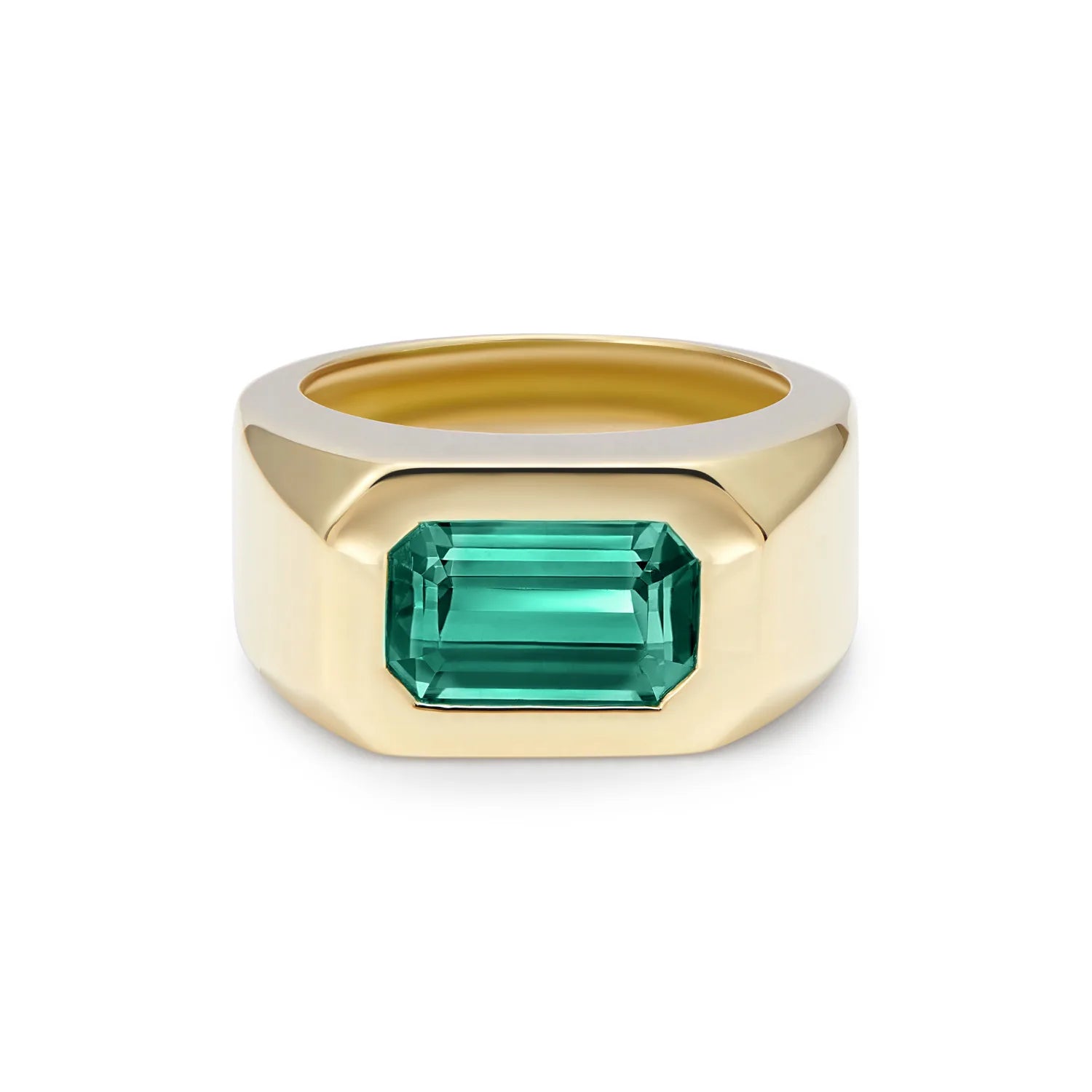 Berlin Deep Green Tourmaline Ring in 18k yellow gold with 2.5ct octagonal-cut green tourmaline, chunky modern band.