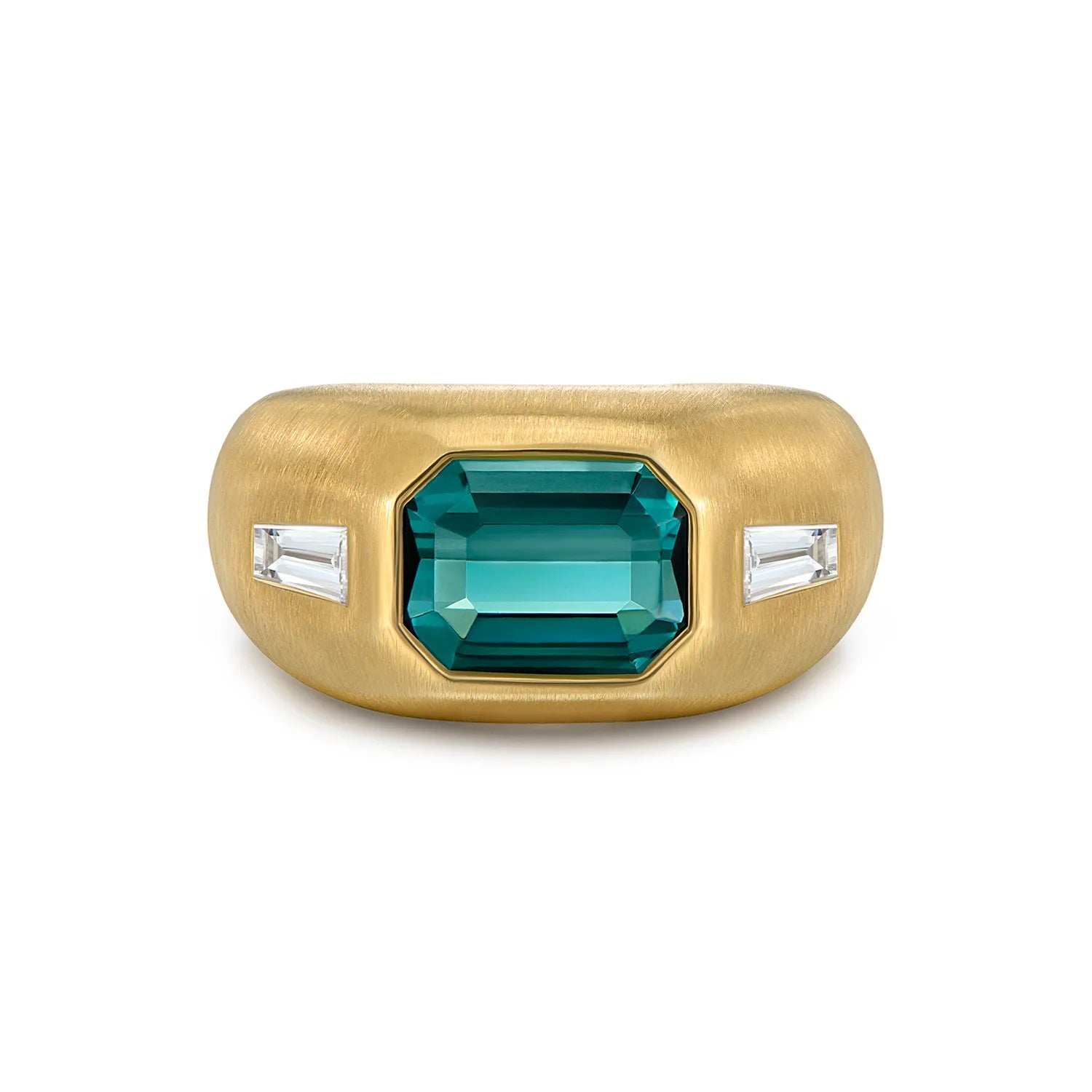 Berlin Gypsy Teal Tourmaline Ring in 18k yellow gold with 3.00ct emerald-cut tourmaline and 0.40ct baguette diamonds