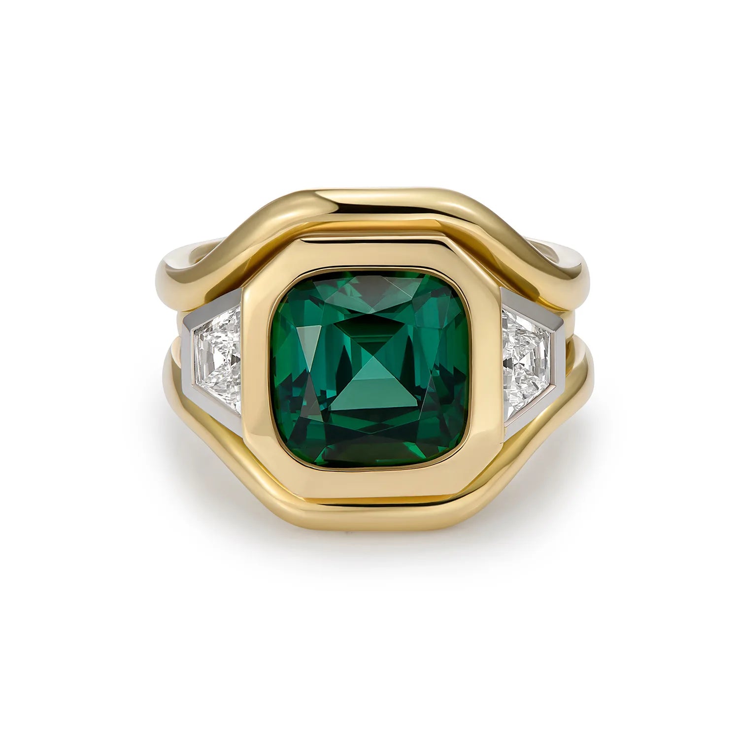 Berlin Nights 5.96ct green tourmaline ring in 18k yellow gold and platinum featuring geometric-cut green tourmaline and diamonds