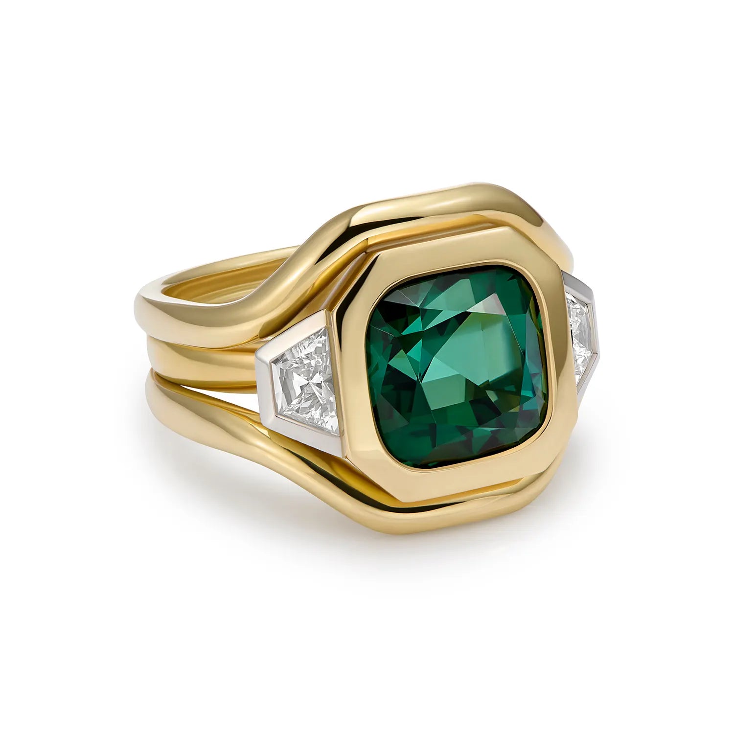 Side view of Berlin Nights 5.96ct green tourmaline ring in 18k yellow gold and platinum showing architectural setting with diamond accents