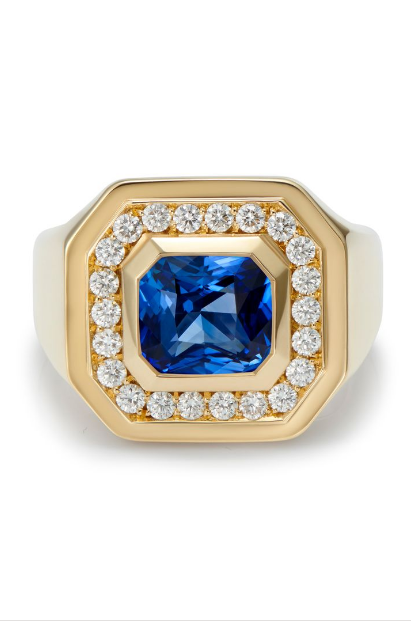 Hatton Garden Best Jewellers Gemmologist Blue Sapphire with Diamonds Chunky Gold Octagonal Ring
