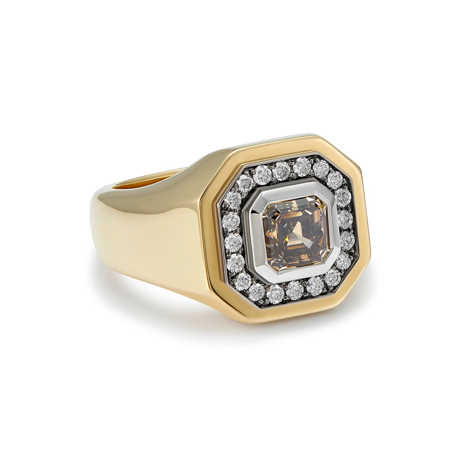 Side view of Berlin Nights Cognac Brown Diamond Ring in 18k yellow gold showing hand-etched feather and sculptural geometric halo setting