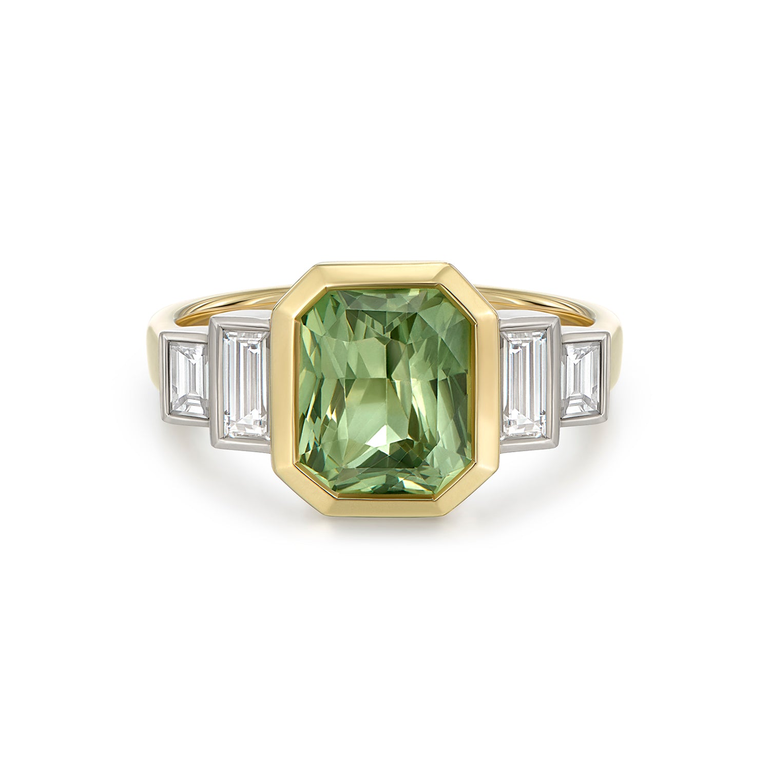 Bridal: Emerald-Cut Green Sapphire and Diamond Ring