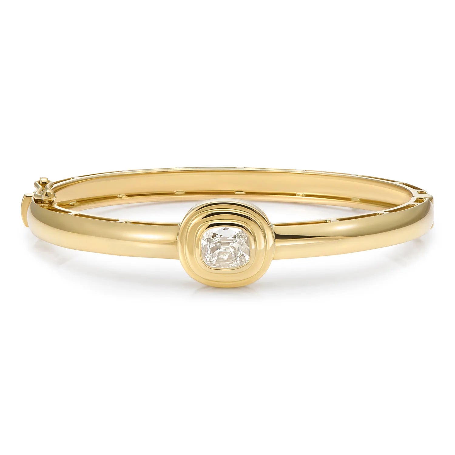 1.16ct Old Cut Cushion Diamond chunky bangle in 18k yellow gold from the Athena collection, featuring classic Greek-inspired design and step detailing.