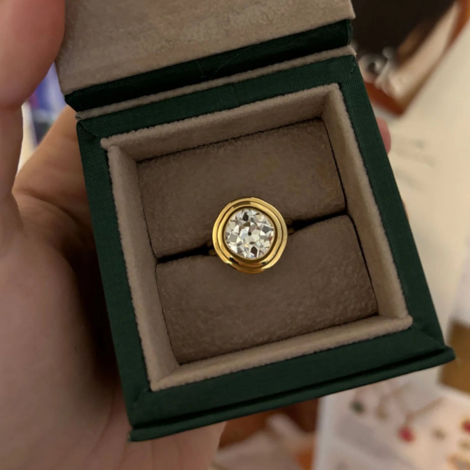 Athena collection 3.05ct Old Cut diamond ring in 18k yellow gold, presented in minkajewels jewellery box
