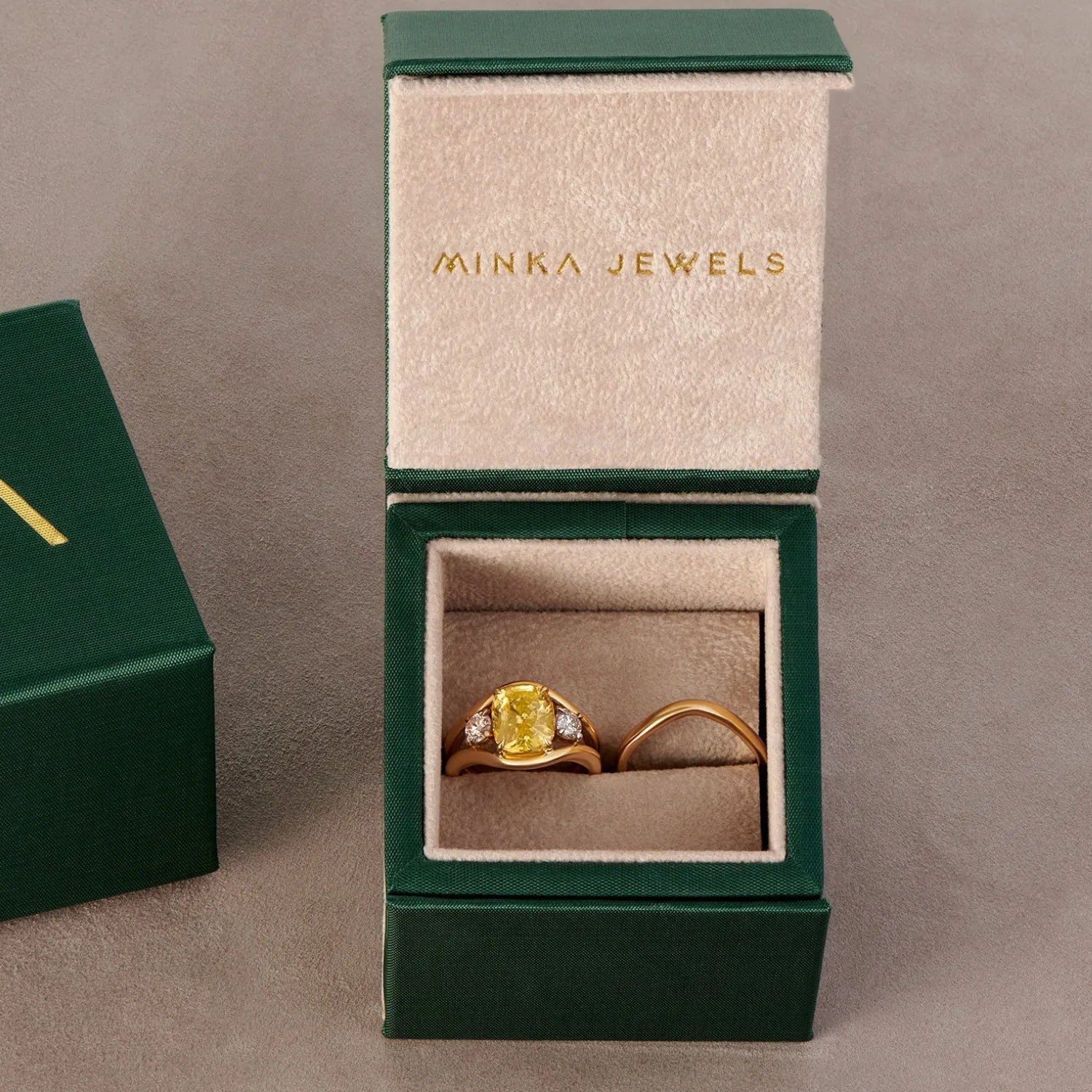 Mermaid Atlantis collection 18k yellow gold sapphire ring with curved wedding band, presented in luxury jewelry packaging