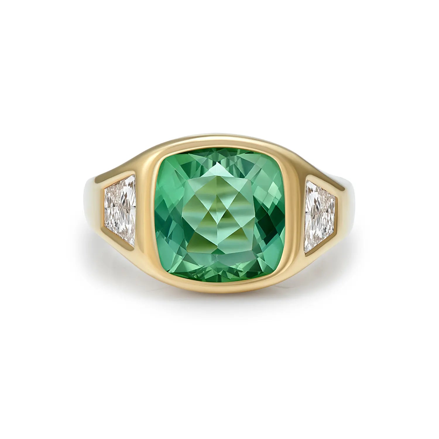 Green tourmaline and diamond ring in 18k yellow gold featuring 5ct cushion-cut green tourmaline with trapezoid-cut white diamonds