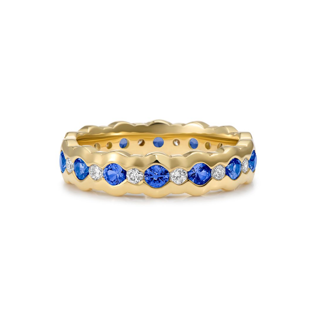 Hatton Garden Best Jewellers Gemmologist Blue Sapphire with Diamonds Gold Curve Band Ring
