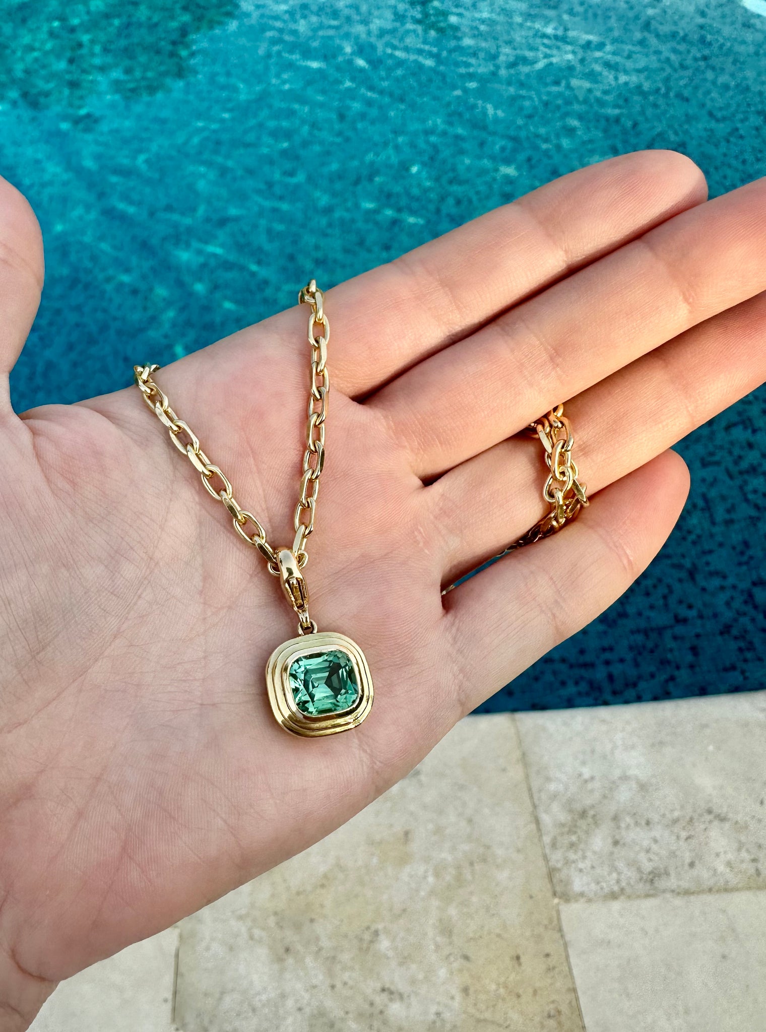 Athena: Green Tourmaline Pendant on our Chunky Chain Necklace