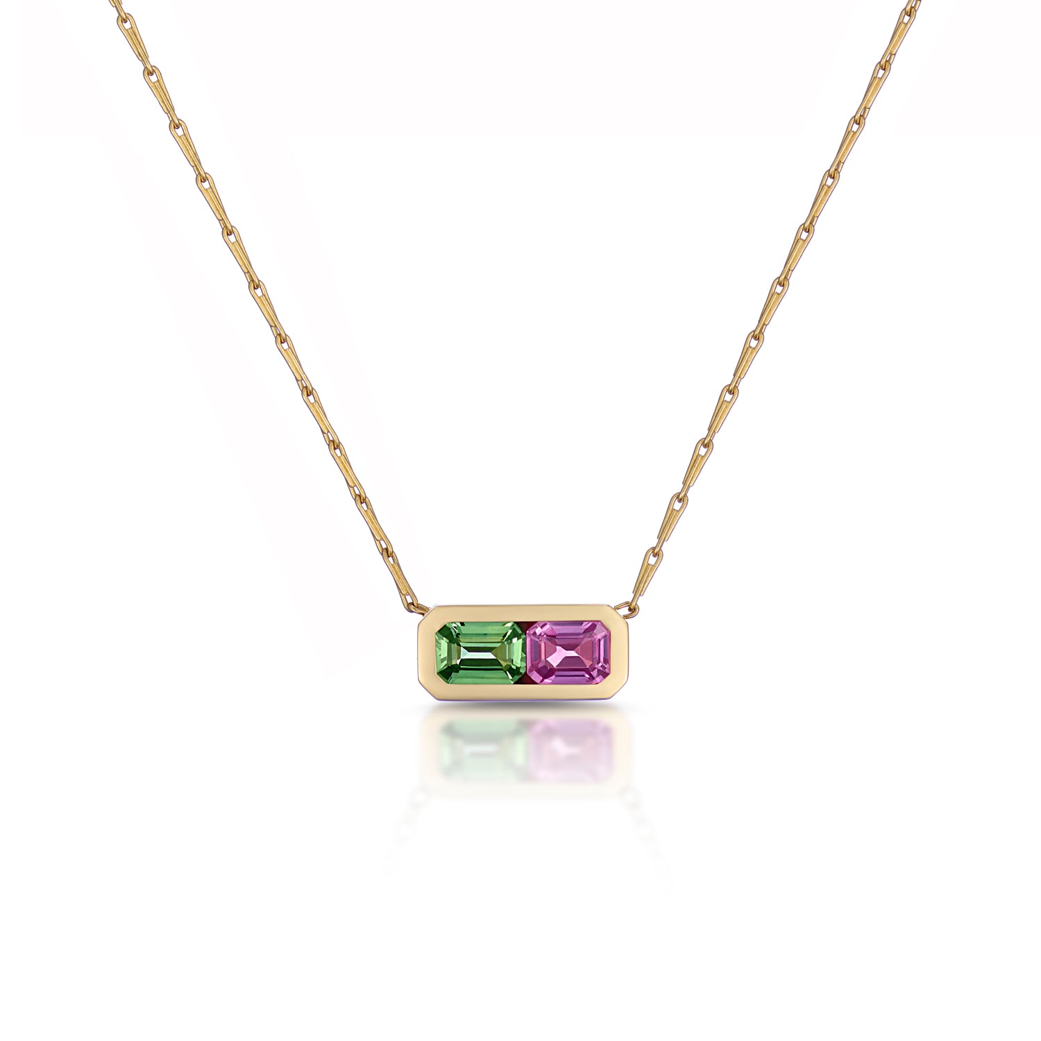 Ley Line Toi et Moi Sapphire Necklace in 18k yellow gold with pink and green sapphires on a hayseed chain by Minka Jewels