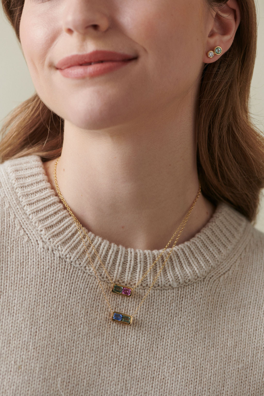 Pink and green sapphire Toi et Moi Necklace from Minka Jewels stacked with Blue and green sapphire Toi et Moi 