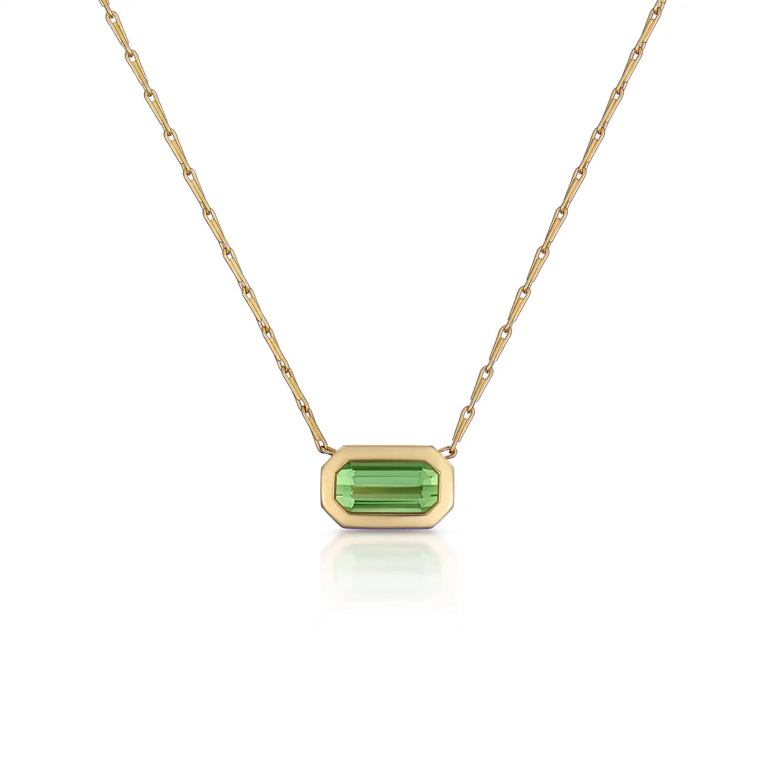 Ley Lines Tourmaline Necklace in 18k yellow gold, featuring 2.50ct green tourmaline centerpiece suspended on delicate hayseed chain