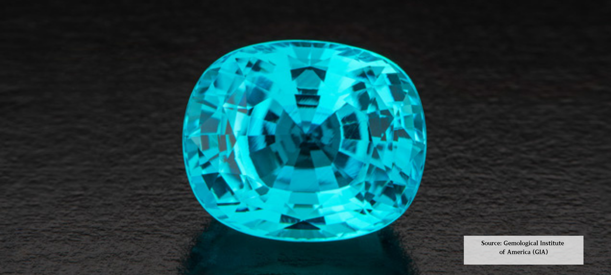 Rare natural Paraíba tourmaline with vivid neon blue-green colour and exceptional brilliance. Image courtesy of GIA.