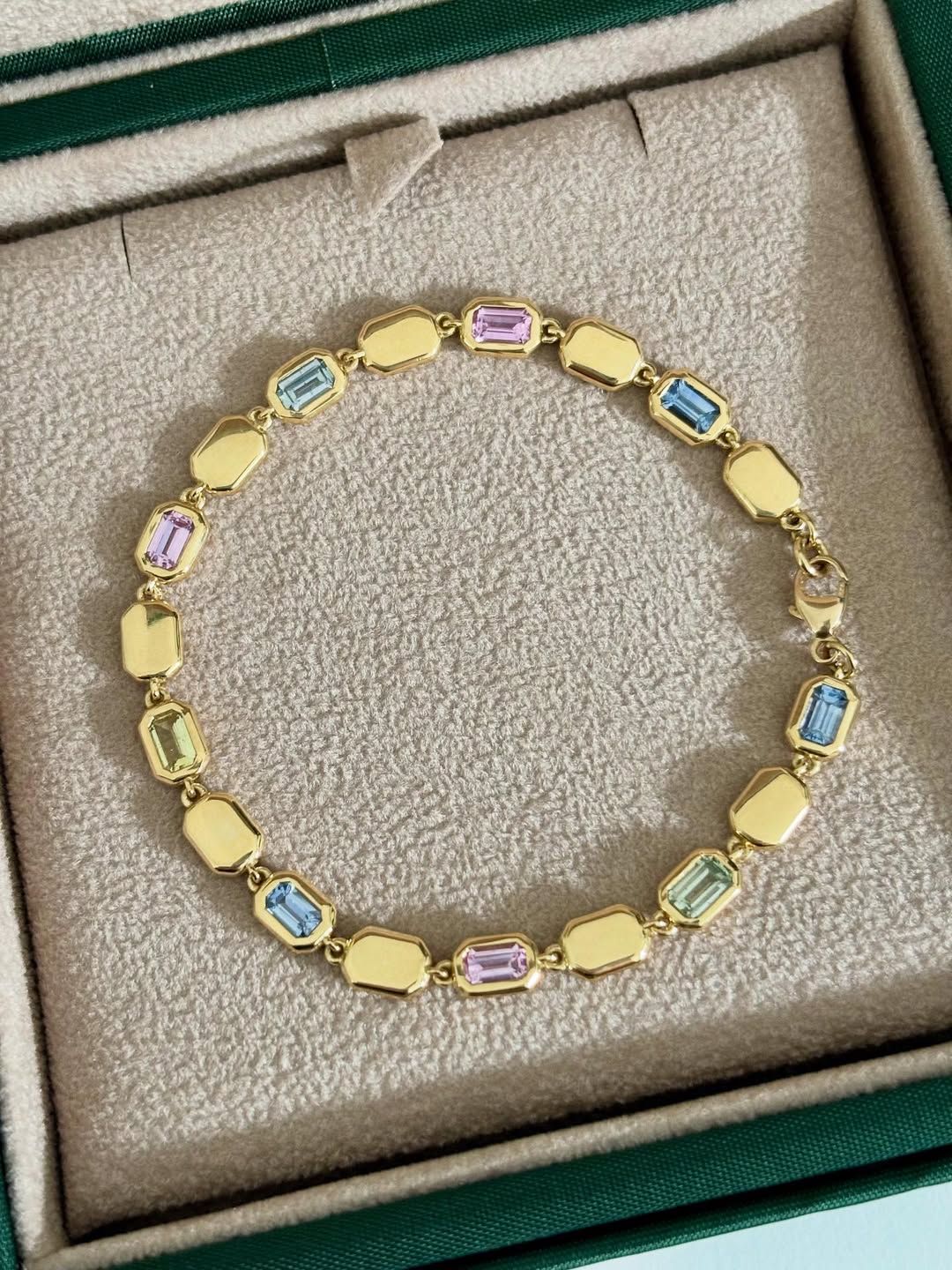 18k yellow gold Ley Lines sapphire bracelet presented in signature Minka Jewels packaging