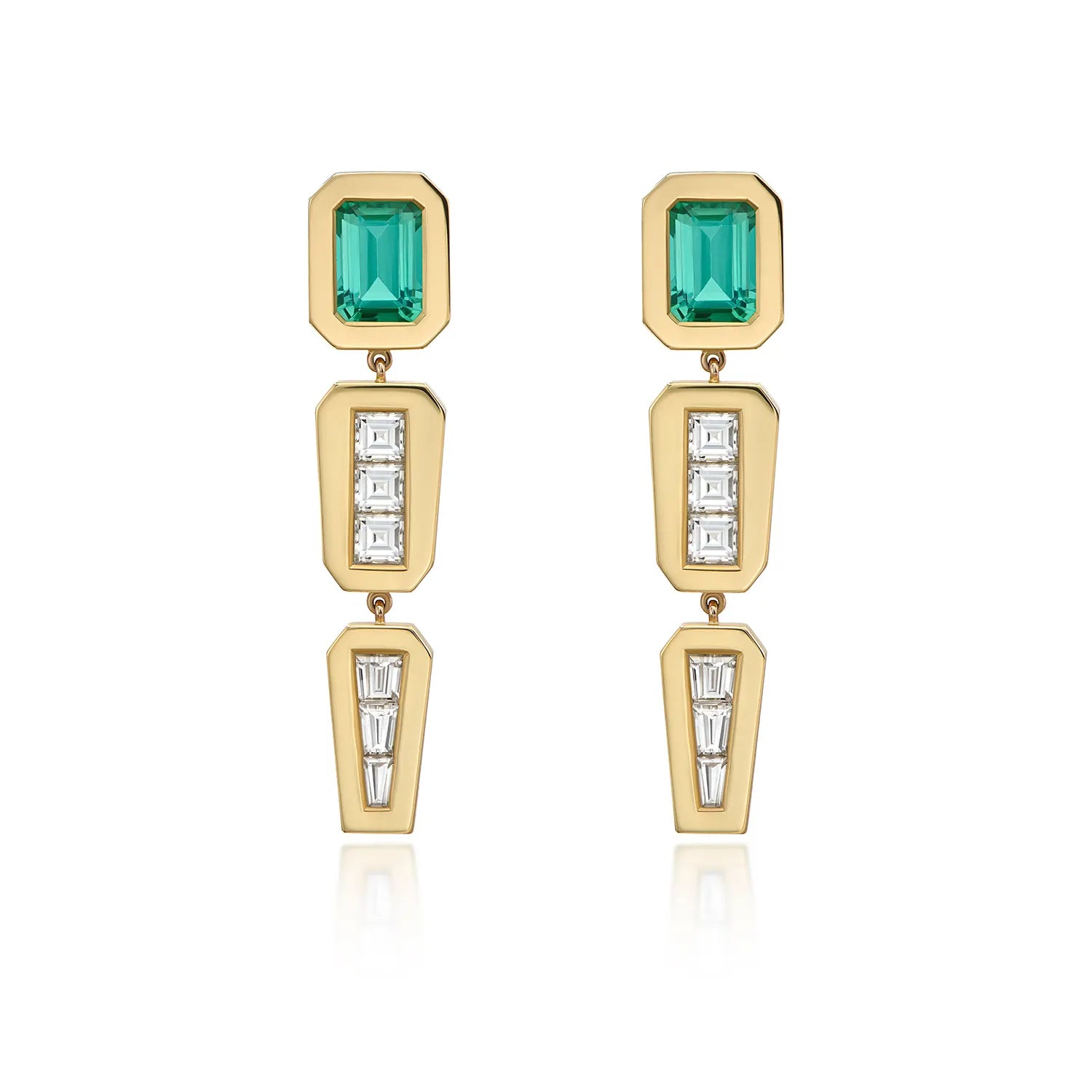 Ley Lines Standing Stone Earrings in 18k yellow gold with 2.16ct tourmalines and 1.70ct carré-cut diamonds