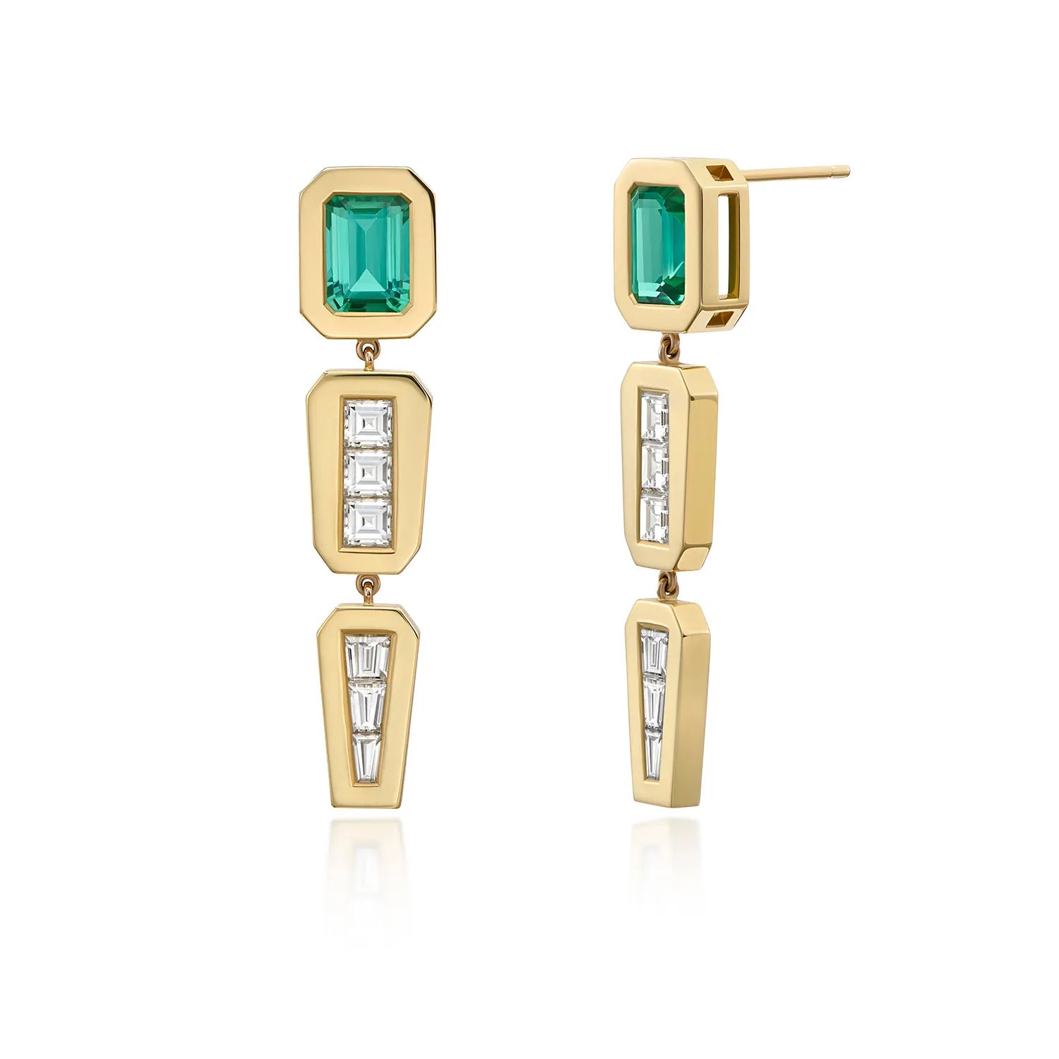 Angled view of Ley Lines Standing Stone Earrings, 18k gold with tourmalines and carré-cut diamonds, articulated design