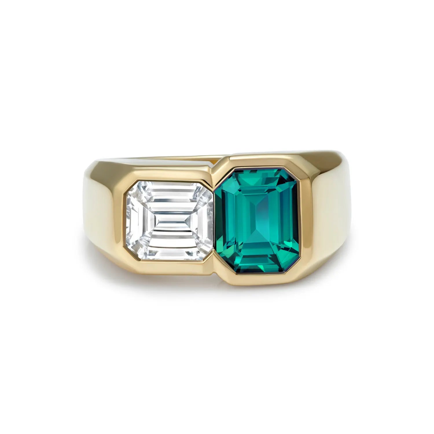 Toi et Moi Green Tourmaline and Diamond Ring in 18k yellow gold with geometric green tourmaline and diamond in chunky band