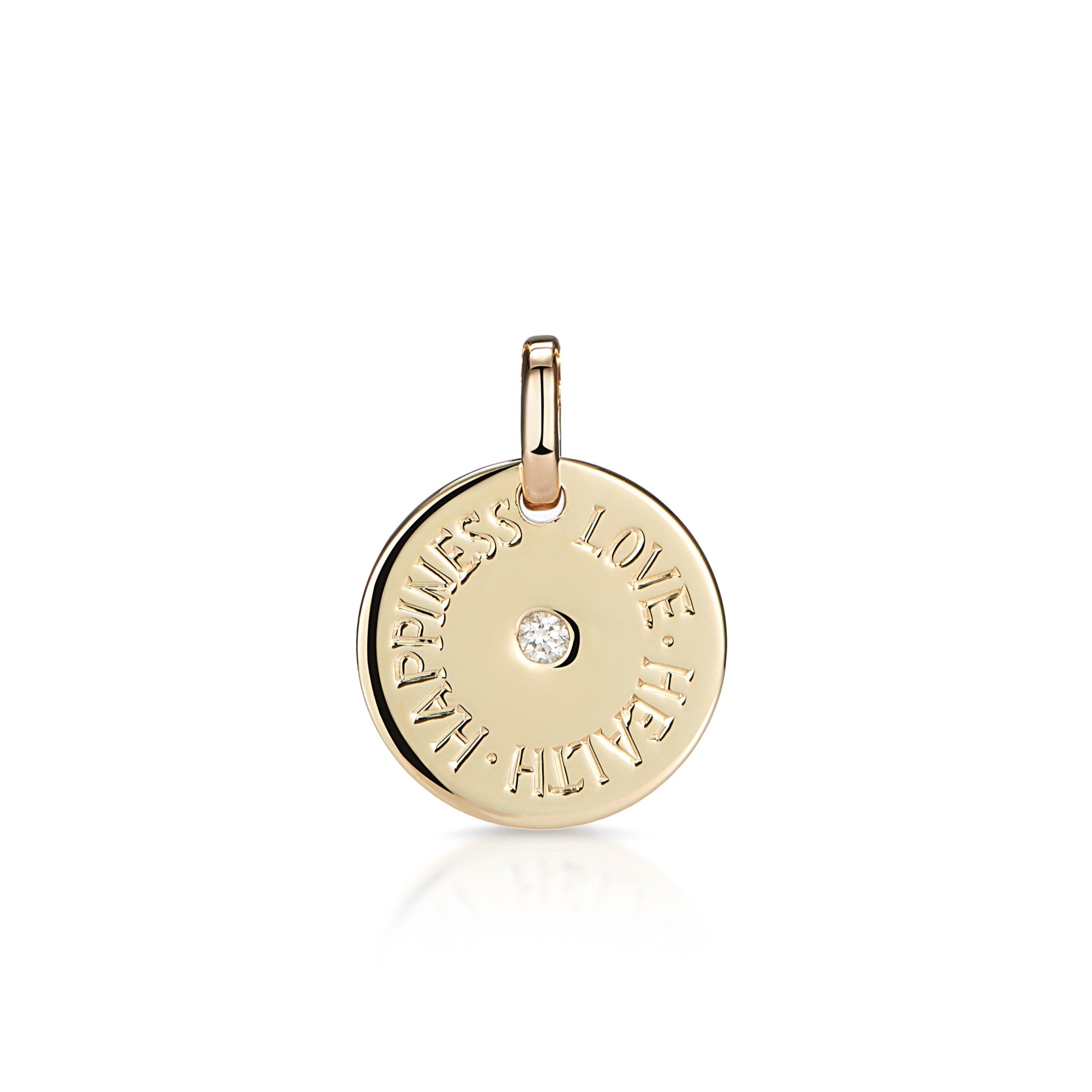 Front view of 15mm engraved mantra disc pendant with central diamond and three-word Love, Health, Happiness, oval jump ring for easy chain attachment
