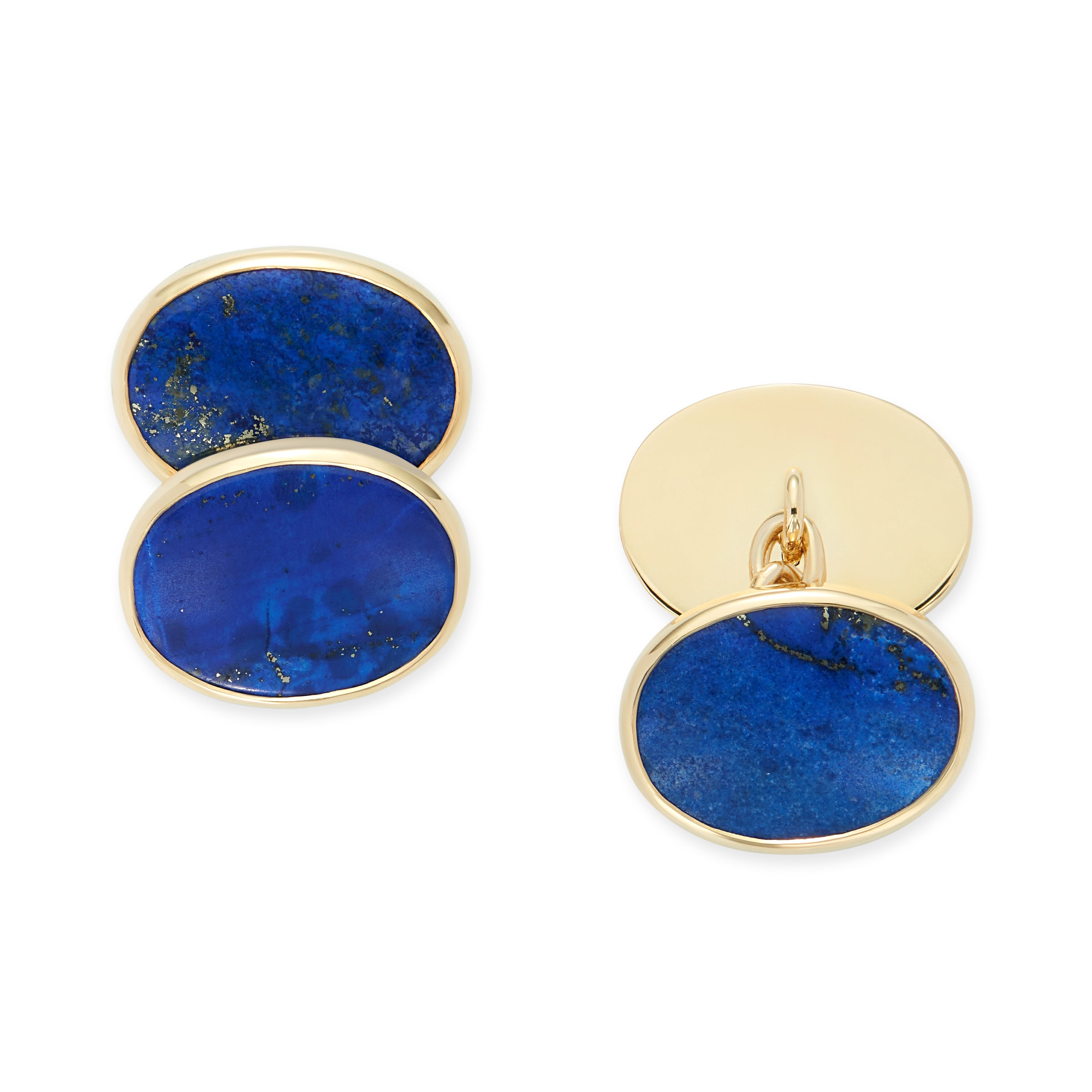Back view of lapis lazuli cufflinks highlighting natural stone texture and 18k yellow gold setting.